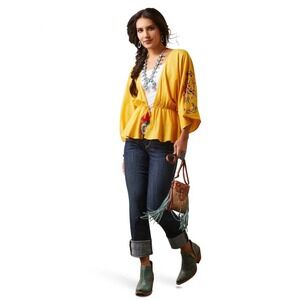 ARIAT Women's Small Carmen Yolk Yellow Top Blouse Dolman Sleeve Boho Cottage